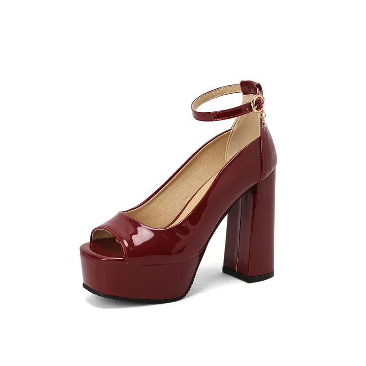 Women's Open Toe Shallow Ankle Strap Block Heel Platform Pumps