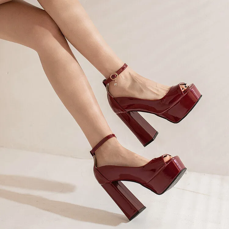 Women's Open Toe Shallow Ankle Strap Block Heel Platform Pumps