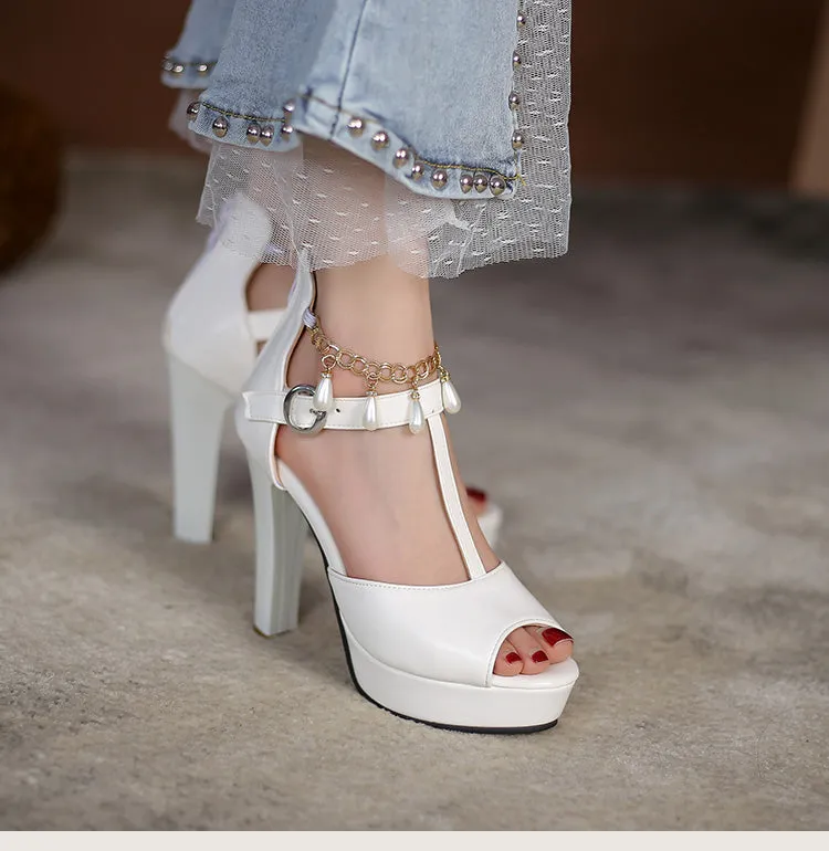 Women's Peep Toe High Heel Rhinestone Chains Roman Style Platform Sandals