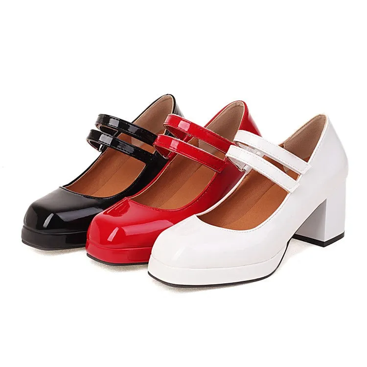 Women's Platform Pumps Glossy Mary Janes Double Monk-Straps Block Chunky Heel