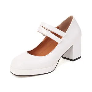 Women's Platform Pumps Glossy Mary Janes Double Monk-Straps Block Chunky Heel
