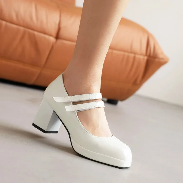 Women's Platform Pumps Glossy Mary Janes Double Monk-Straps Block Chunky Heel