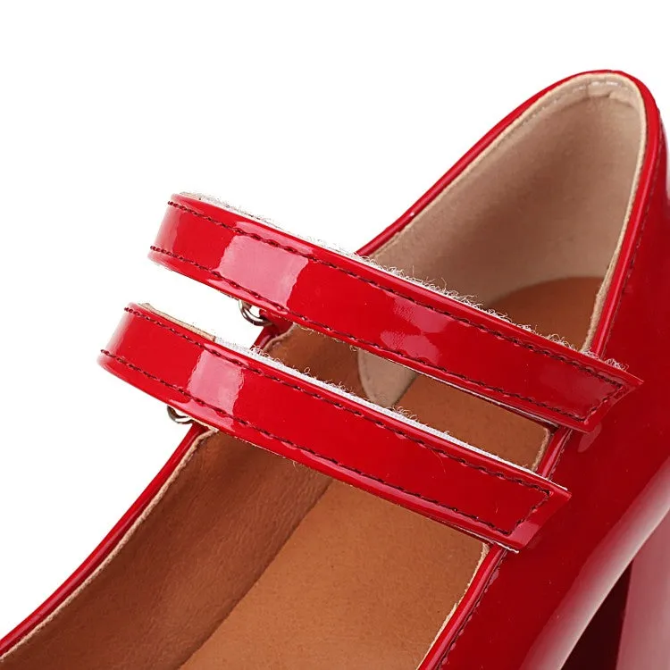 Women's Platform Pumps Glossy Mary Janes Double Monk-Straps Block Chunky Heel