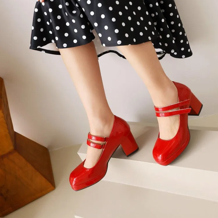 Women's Platform Pumps Glossy Mary Janes Double Monk-Straps Block Chunky Heel