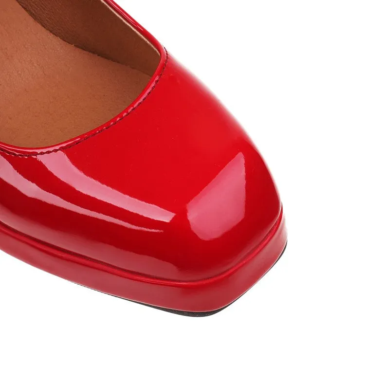 Women's Platform Pumps Glossy Mary Janes Double Monk-Straps Block Chunky Heel