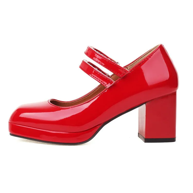 Women's Platform Pumps Glossy Mary Janes Double Monk-Straps Block Chunky Heel