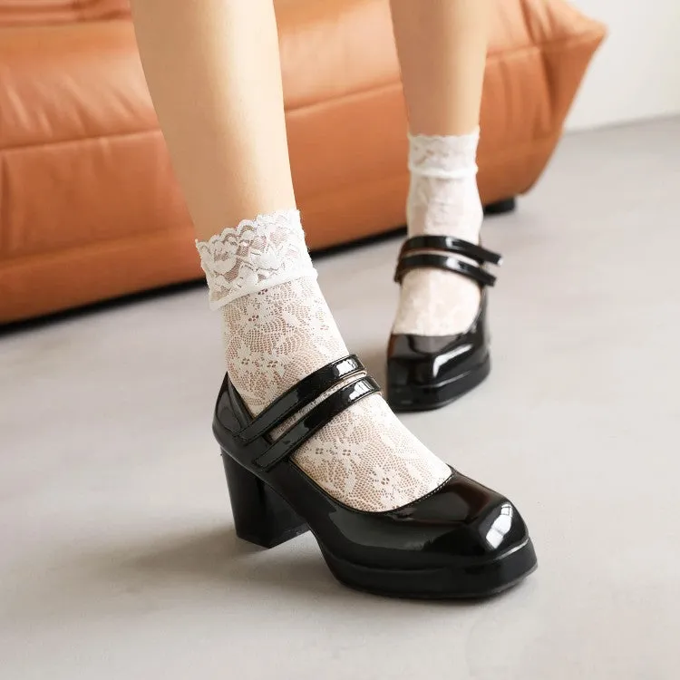 Women's Platform Pumps Glossy Mary Janes Double Monk-Straps Block Chunky Heel
