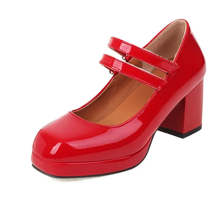 Women's Platform Pumps Glossy Mary Janes Double Monk-Straps Block Chunky Heel