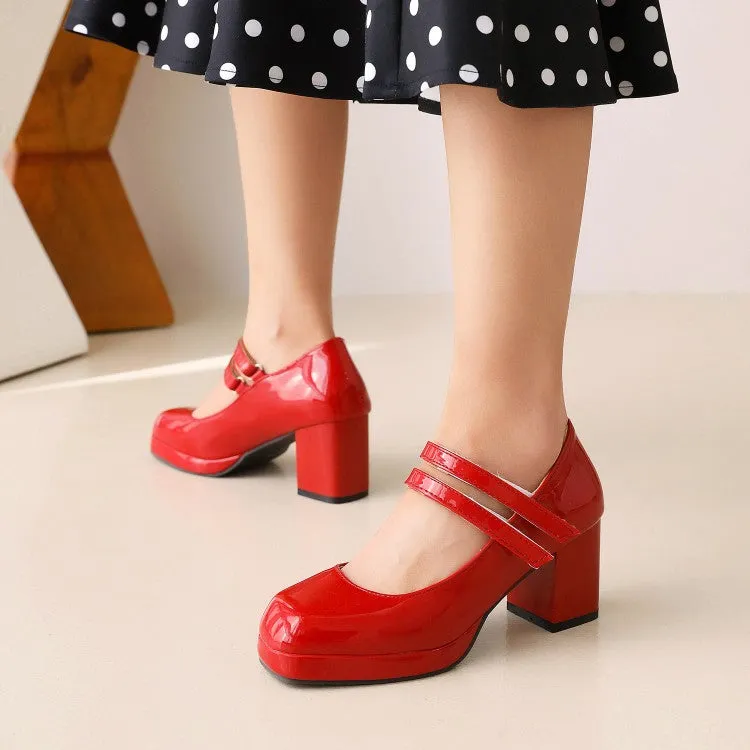 Women's Platform Pumps Glossy Mary Janes Double Monk-Straps Block Chunky Heel