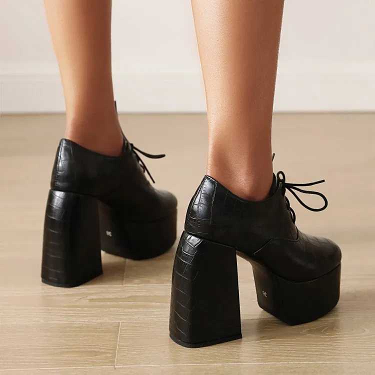 Women's Pu Leather Crocodile Pattern Tied Belts Block Heel Platform High Heels Shoes