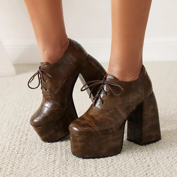 Women's Pu Leather Crocodile Pattern Tied Belts Block Heel Platform High Heels Shoes