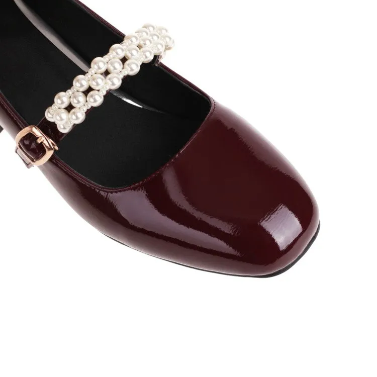 Women's Pumps Glossy Round Toe Pearls Beading Belts Block Heel Mary Jane Shoes