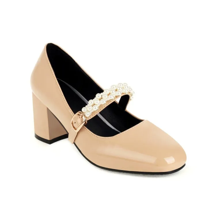Women's Pumps Glossy Round Toe Pearls Beading Belts Block Heel Mary Jane Shoes