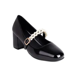 Women's Pumps Glossy Round Toe Pearls Beading Belts Block Heel Mary Jane Shoes