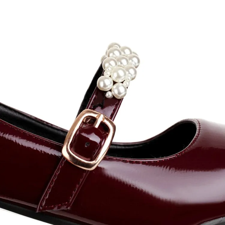 Women's Pumps Glossy Round Toe Pearls Beading Belts Block Heel Mary Jane Shoes