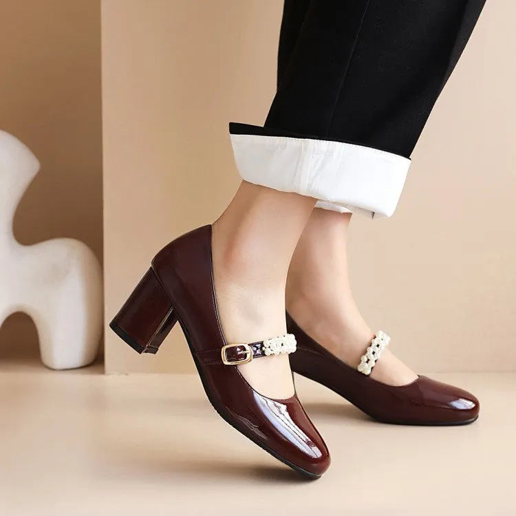 Women's Pumps Glossy Round Toe Pearls Beading Belts Block Heel Mary Jane Shoes