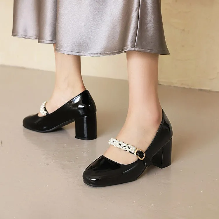 Women's Pumps Glossy Round Toe Pearls Beading Belts Block Heel Mary Jane Shoes
