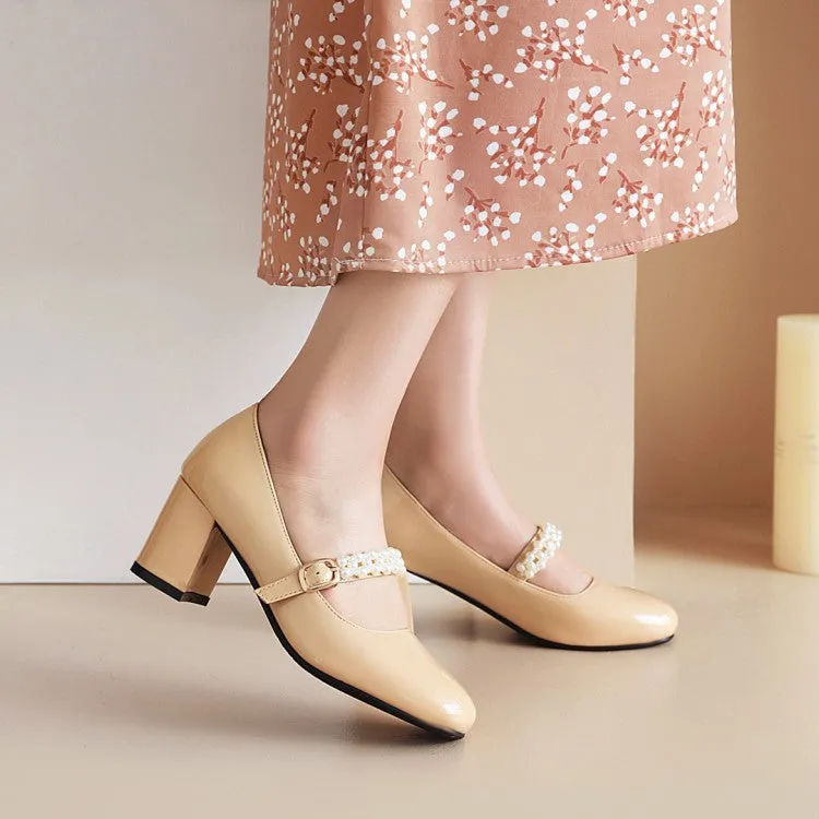 Women's Pumps Glossy Round Toe Pearls Beading Belts Block Heel Mary Jane Shoes