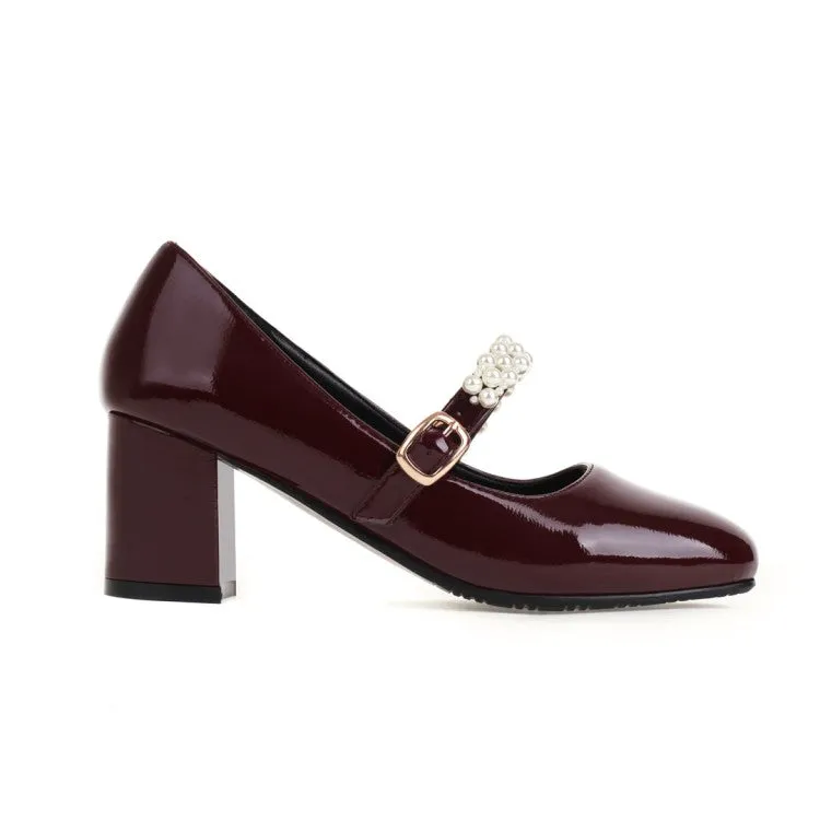 Women's Pumps Glossy Round Toe Pearls Beading Belts Block Heel Mary Jane Shoes
