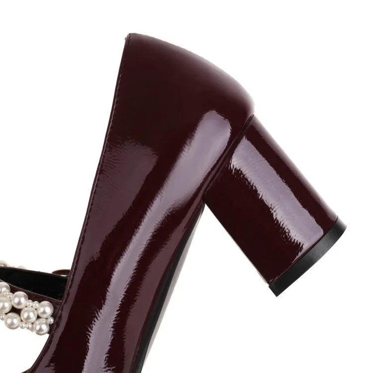 Women's Pumps Glossy Round Toe Pearls Beading Belts Block Heel Mary Jane Shoes