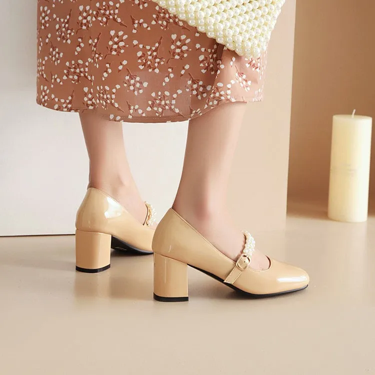 Women's Pumps Glossy Round Toe Pearls Beading Belts Block Heel Mary Jane Shoes