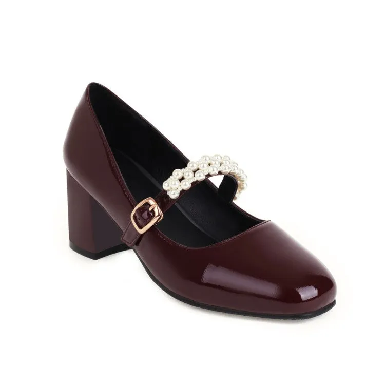 Women's Pumps Glossy Round Toe Pearls Beading Belts Block Heel Mary Jane Shoes
