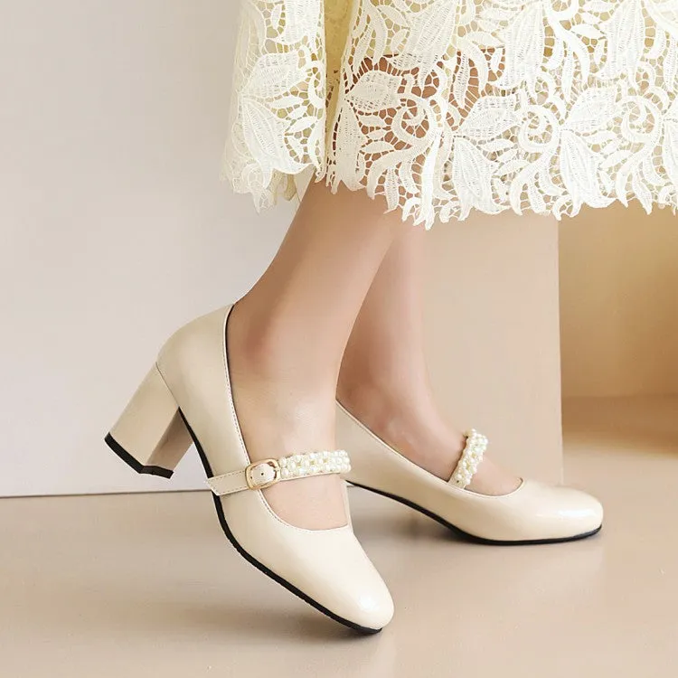 Women's Pumps Glossy Round Toe Pearls Beading Belts Block Heel Mary Jane Shoes