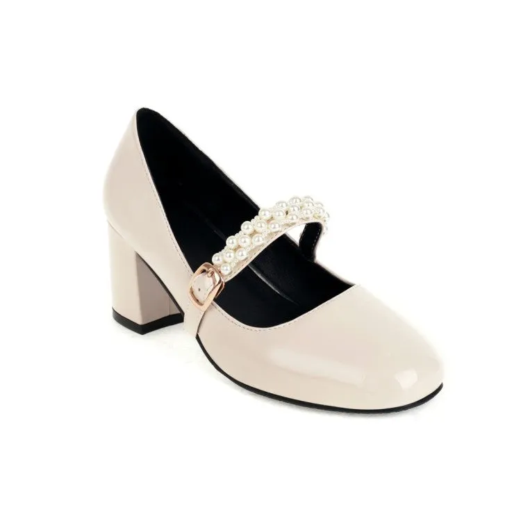Women's Pumps Glossy Round Toe Pearls Beading Belts Block Heel Mary Jane Shoes