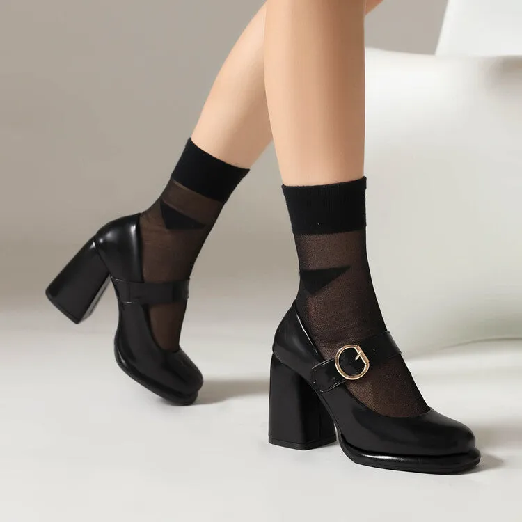 Women's Shallow Mary Janes Block Chunky Heel Platform Pumps