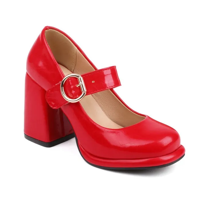 Women's Shallow Mary Janes Block Chunky Heel Platform Pumps