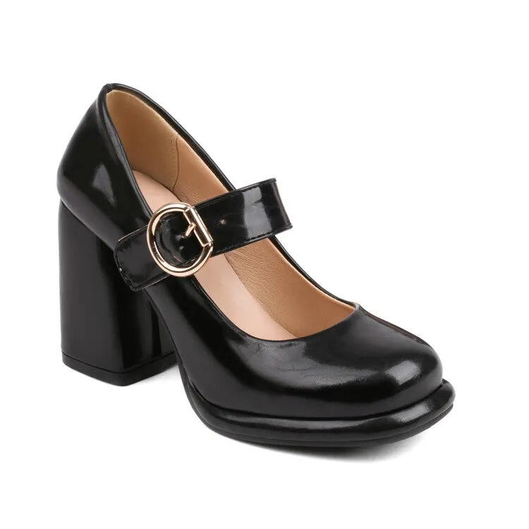 Women's Shallow Mary Janes Block Chunky Heel Platform Pumps