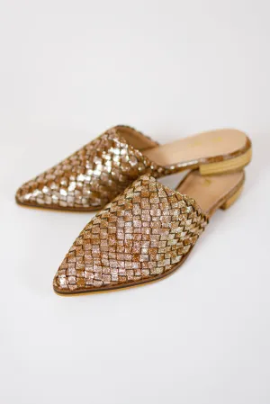 Woven Leather Mules, BROWN