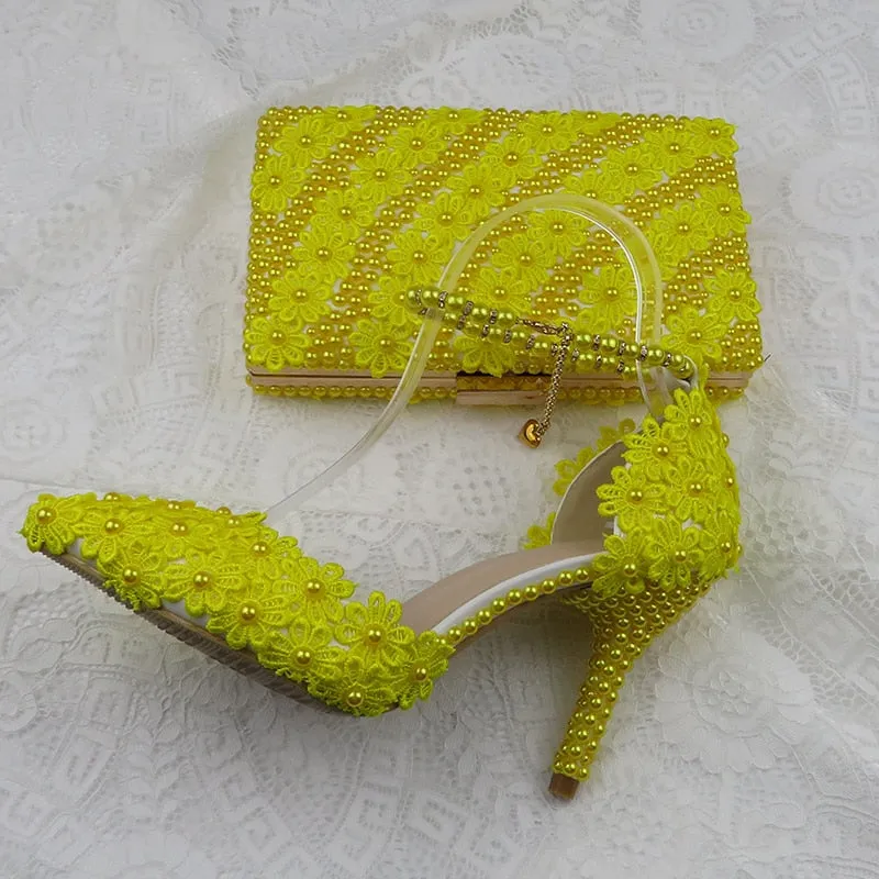 Yellow Flower Wedding Shoes With Matching Bags