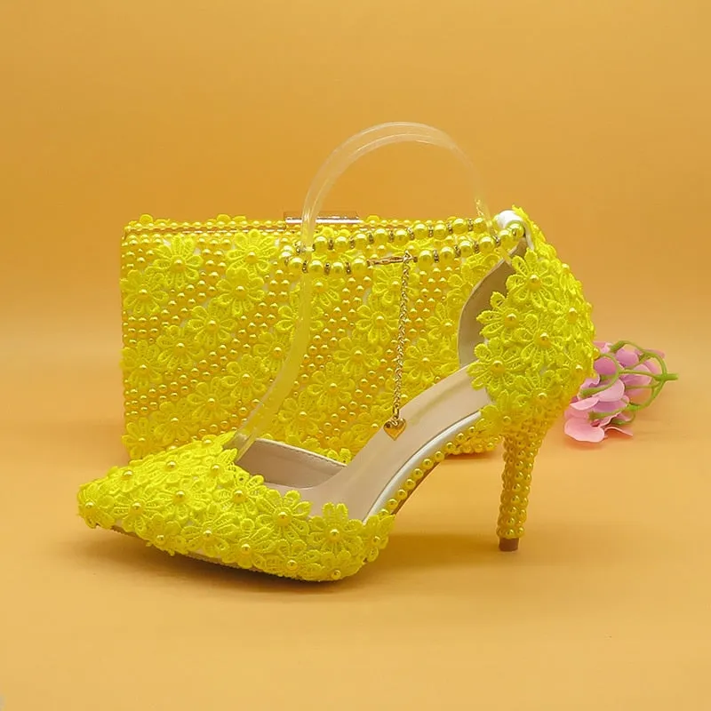 Yellow Flower Wedding Shoes With Matching Bags
