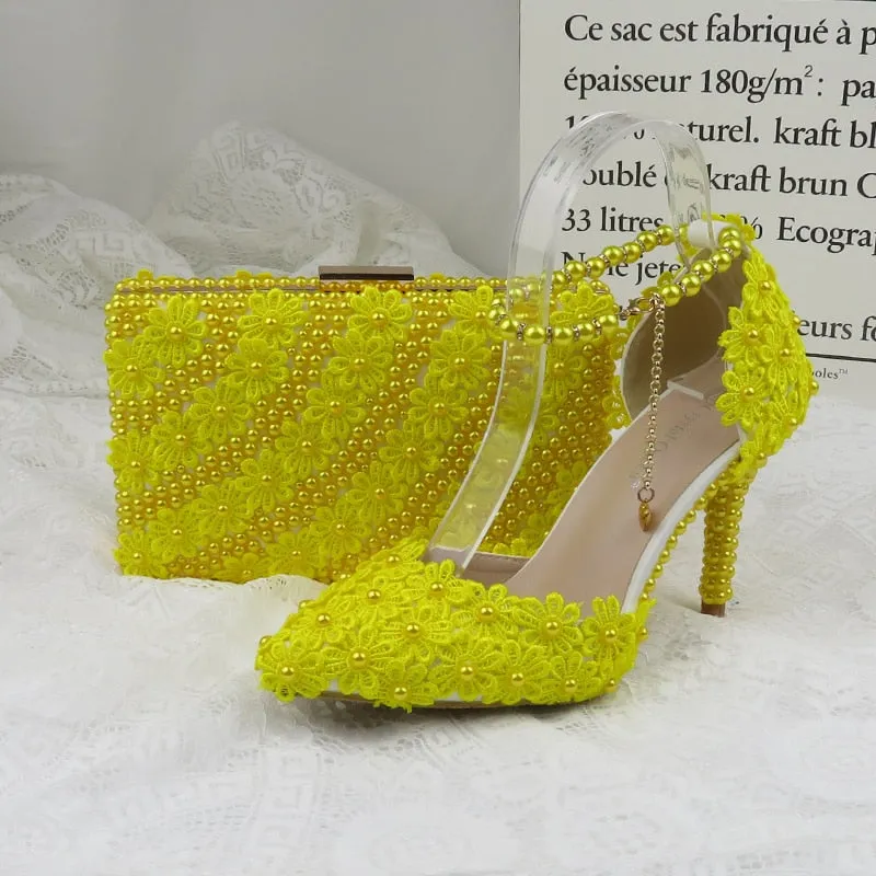 Yellow Flower Wedding Shoes With Matching Bags