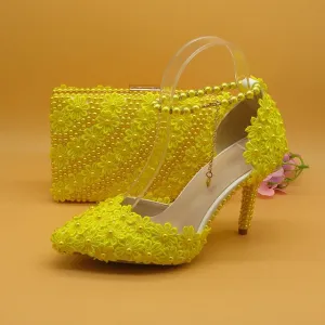 Yellow Flower Wedding Shoes With Matching Bags