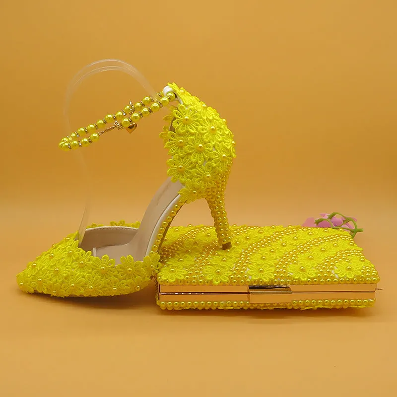 Yellow Flower Wedding Shoes With Matching Bags