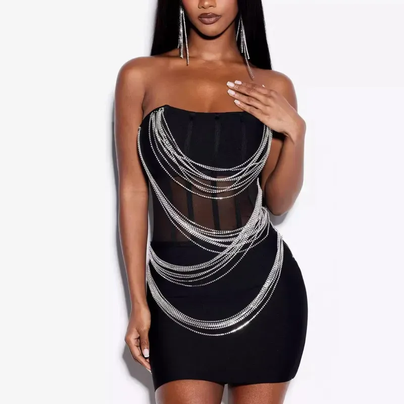 Zylar Strapless Mesh Rhinestone Chain Bodycon Mini Dress