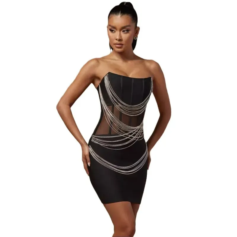 Zylar Strapless Mesh Rhinestone Chain Bodycon Mini Dress