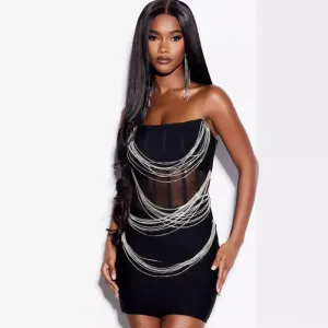 Zylar Strapless Mesh Rhinestone Chain Bodycon Mini Dress
