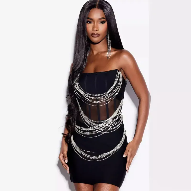 Zylar Strapless Mesh Rhinestone Chain Bodycon Mini Dress